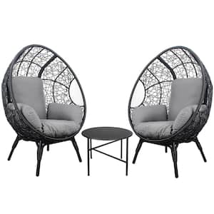 Black 3-Piece Metal Outdoor Lounge Chairs, Patio PE Rattan Egg Chairs and Side Table Set with Grey Cushions
