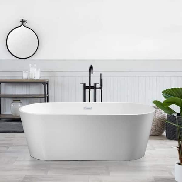 VANITYFUS 59 in. Acrylic Freestanding Flatbottom Double Ended Soaking Bathtub in White with Drain and Overflow
