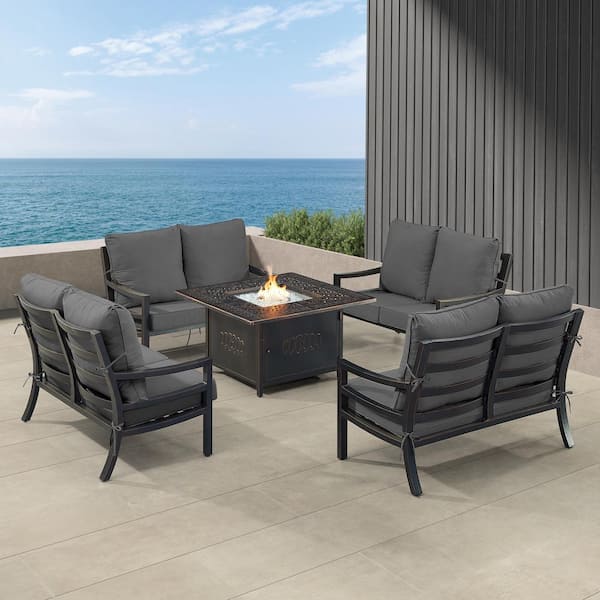 Oakland Living Black 6-Piece Aluminum Patio Fire Pit with 4-Deep Seating Loveseat Black Cushions