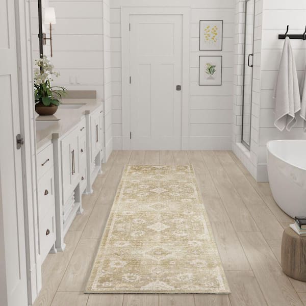 Astra Machine Washable Ivory Gold 2 ft. x 8 ft. Distressed Traditional Runner Area Rug