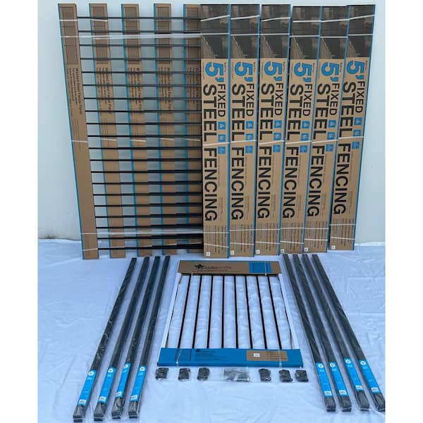 US Door and Fence 4.84 ft. x 48 ft. Black Ornamental Space Bar Flat Metal Fence Panel Kit (6 panels,Posts,brackets,Gate) InGround Install
