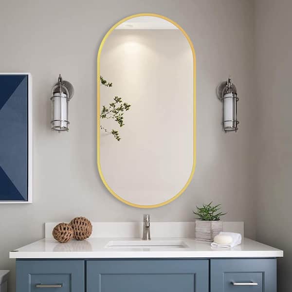 NTQ 18 in. W x 36 in. H Large Oval Wall Mounted Framed Aluminum Vertical/Horizontal Bathroom Vanity Mirror in Gold