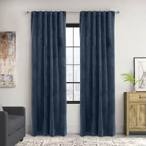 Seren Navy Polyester Velvet 50 in. W x 84 in. L Dual Header Indoor Room Darkening Curtain (Single Panel)