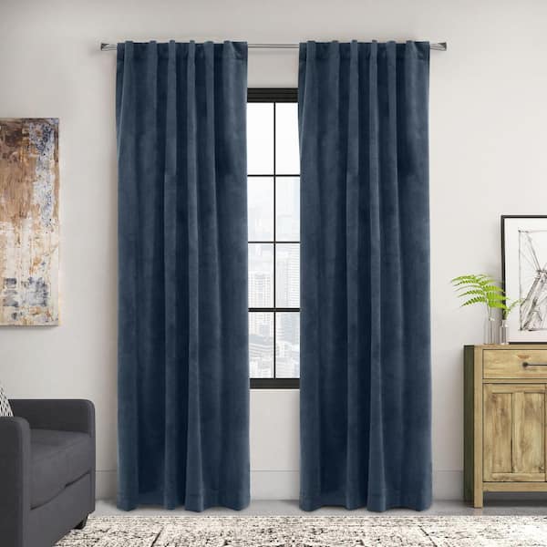 THERMALOGIC Seren Navy Polyester Velvet 50 in. W x 84 in. L Dual Header Indoor Room Darkening Curtain (Single Panel)