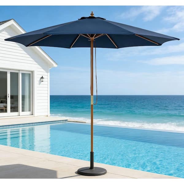 9ft navy blue patio umbrella Liviza 9 ft. Outdoor Market Patio Umbrella with 8 Bamboo Ribs in Navy Blue