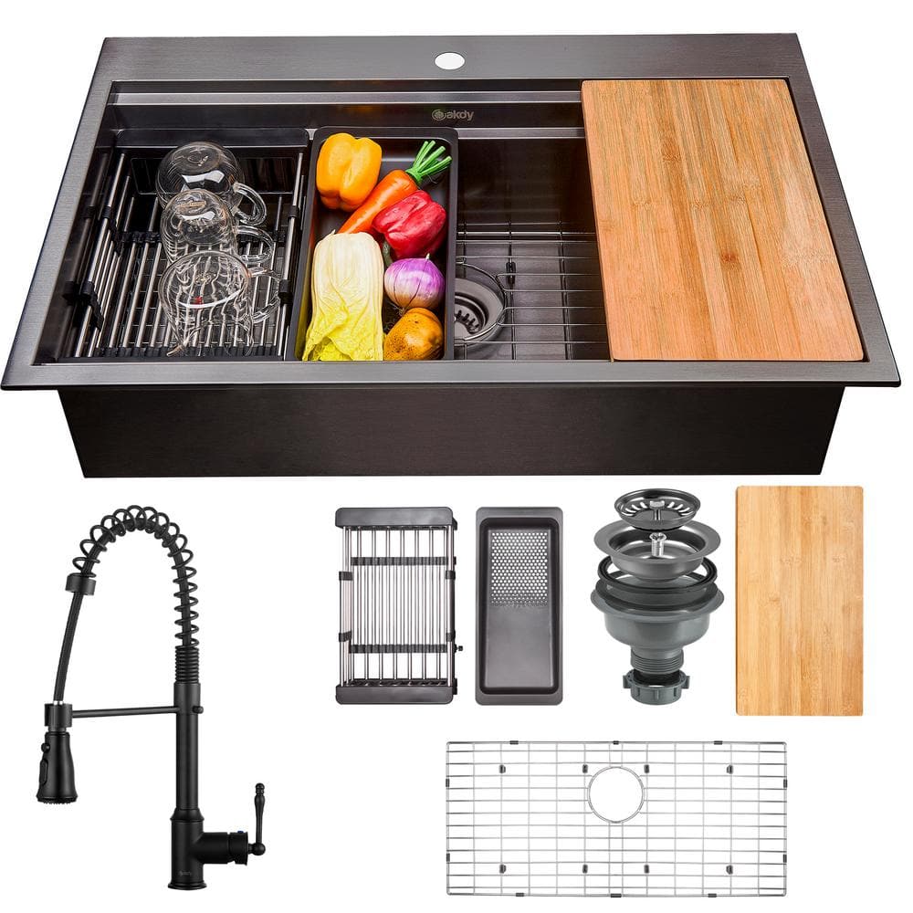 AKDY All-in-One Matte Black Finished Stainless Steel 33 in. x 22 in. Single Bowl Drop-in Kitchen Sink with Spring Neck Faucet, Gunmetal Matte Black
