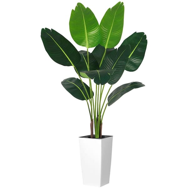 5 ft. Bird of Paradise Artificial Plant with Large White Planter 60 in. Fake Plants Areca Palm Tree Banana Leaf Plant