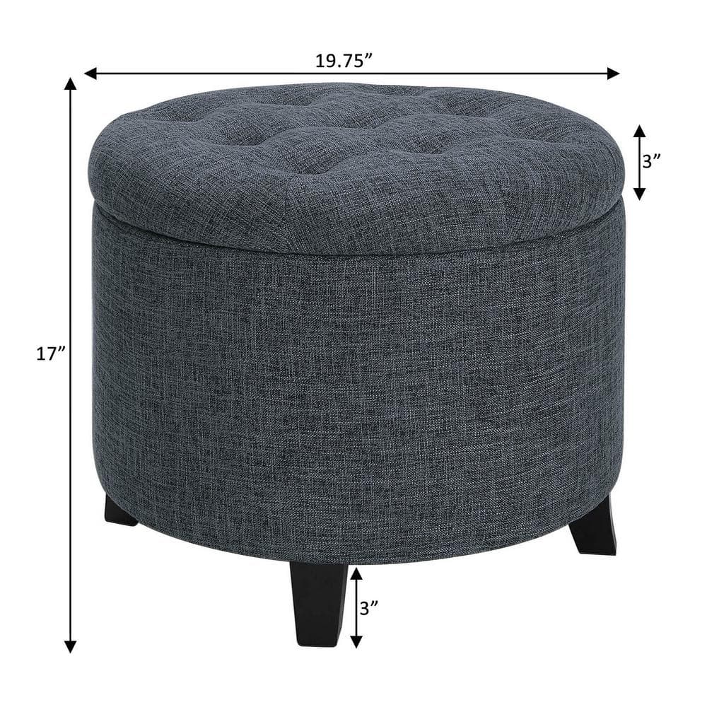 Stormy gray fabric round storage ottoman with dimensions.