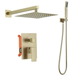 Single Handle 1-Spray Square Shower Faucet 2.5 GPM 10 in Shower System Shower Head with Handheld in Brushed Gold