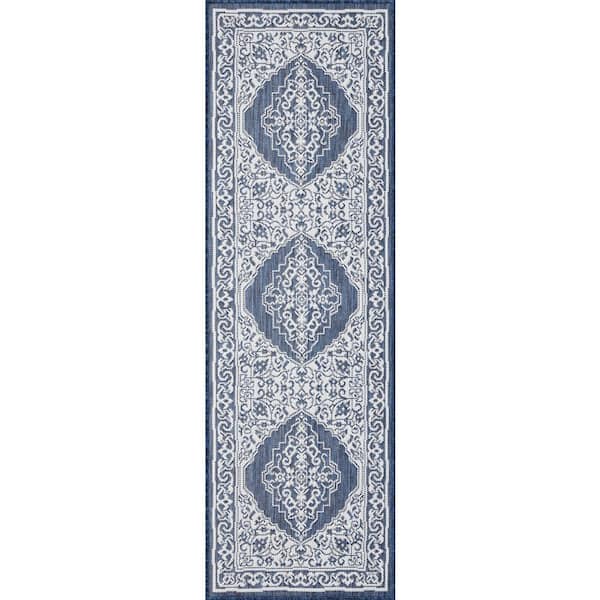Tayse Rugs Eco Floral Navy 2 ft. x 8 ft. Indoor/Outdoor Runner Rug