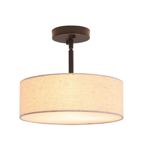 12.6 in. 3-Light Matte Black Round Drum Semi-Flush Mount with Burlap and No Bulbs Included Foyer Dinner Room