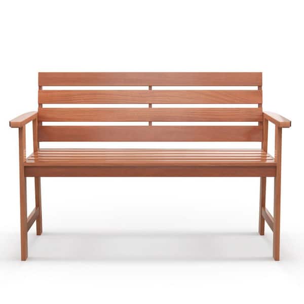 48 in. 2-Person Natural Solid Wood Outdoor Bench Wood 2-Seat Chair with Inclined Backrest and Breathable Slatted Seat