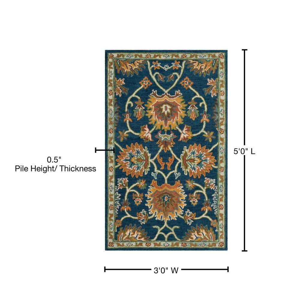 Navy Blue Hand-Tufted Wool Rectangular Floral Area Rug 3' x 5'