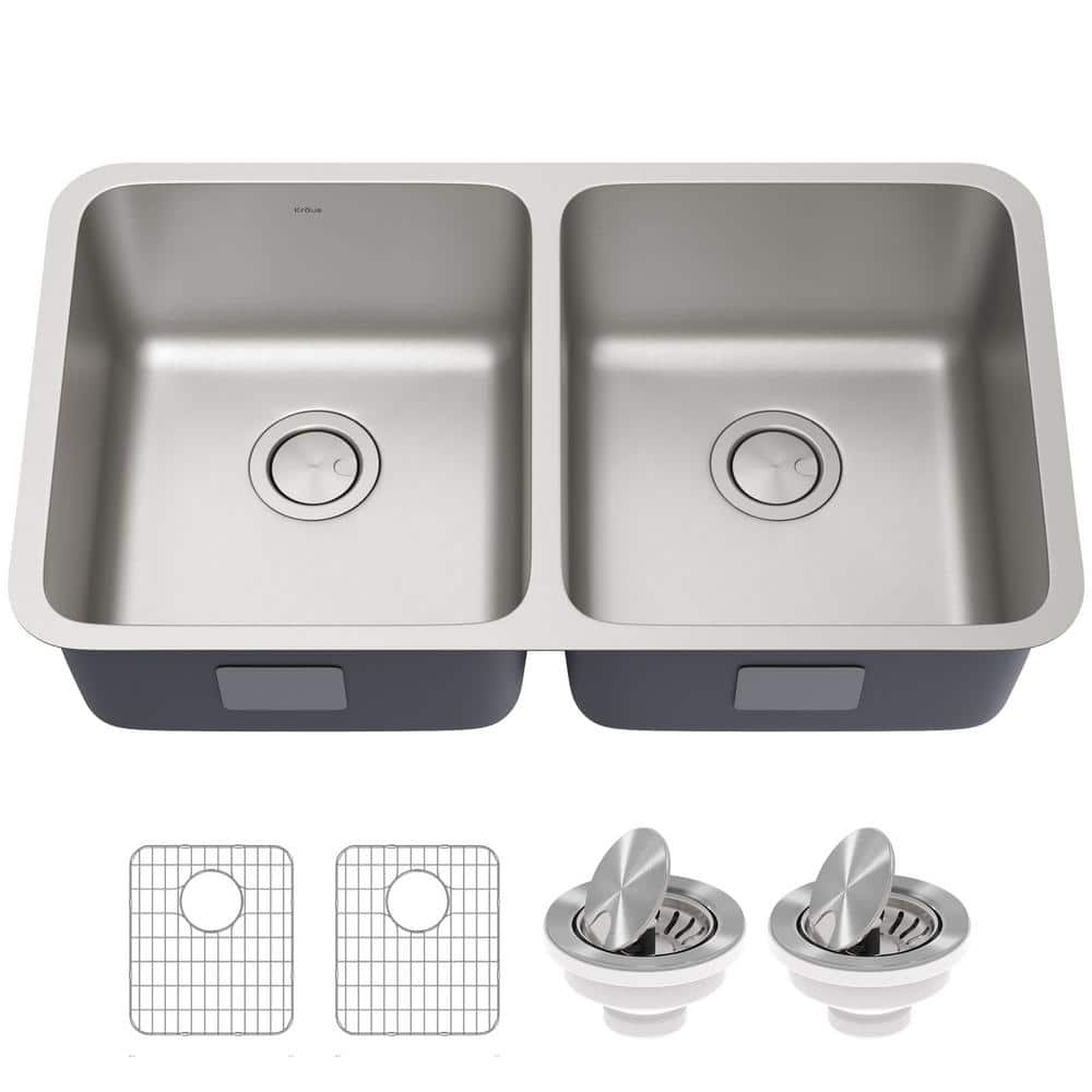 KRAUS 33 Inch Undermount Double Bowl Stainless Steel Kitchen Sink with  Kitchen Bar Faucet and Soap Dispenser - Bed Bath & Beyond - 4389944