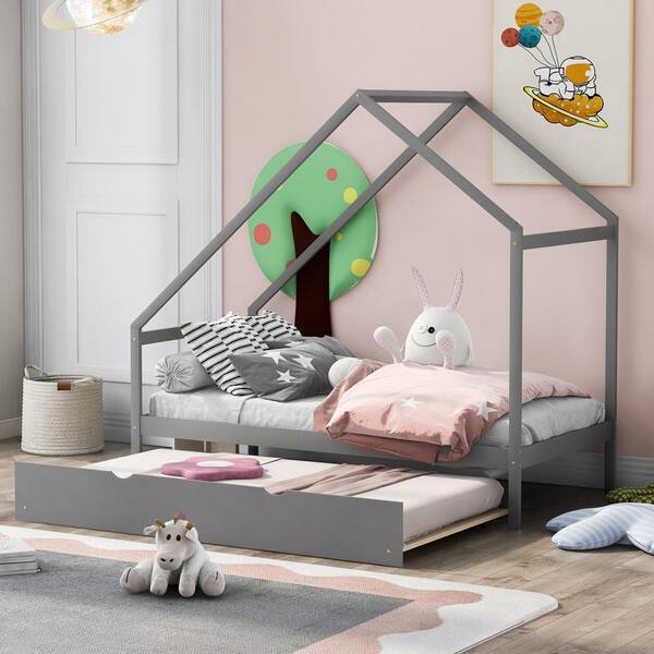 Qualler Gray Twin Size Wooden House Bed with Twin Trundle