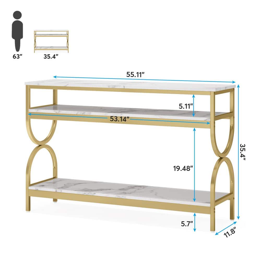 White and Gold Faux Marble 55" Console Table with Storage Shelves