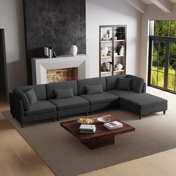 120.5 in. Straight Arm 5-Piece Corduroy Upholstered Modular Free Combination Sectional Sofa in. Gray with Ottoman