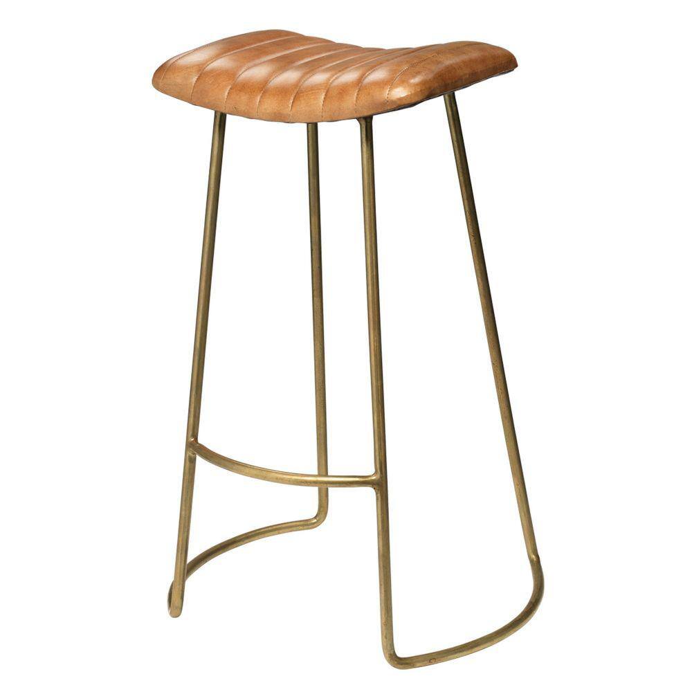 Benjara In Gold And Brown Backless Metal Frame Barstool With