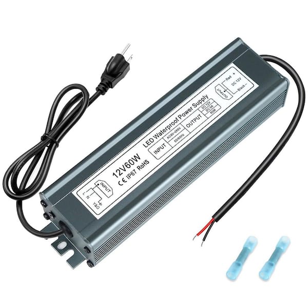 12V 60W Power Supply LED Driver AC 90-265V to DC 12V 5A IP67 Waterproof Outdoor Transformer 3-Prong Plug
