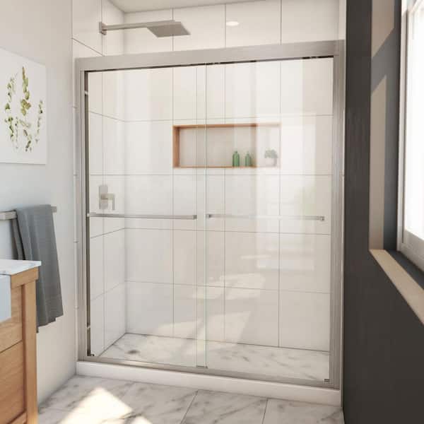 DreamLine Duet Plus 56 in. to 60 in. W x 72 in. H Sliding Semi-Frameless Shower Door in Brushed Nickel