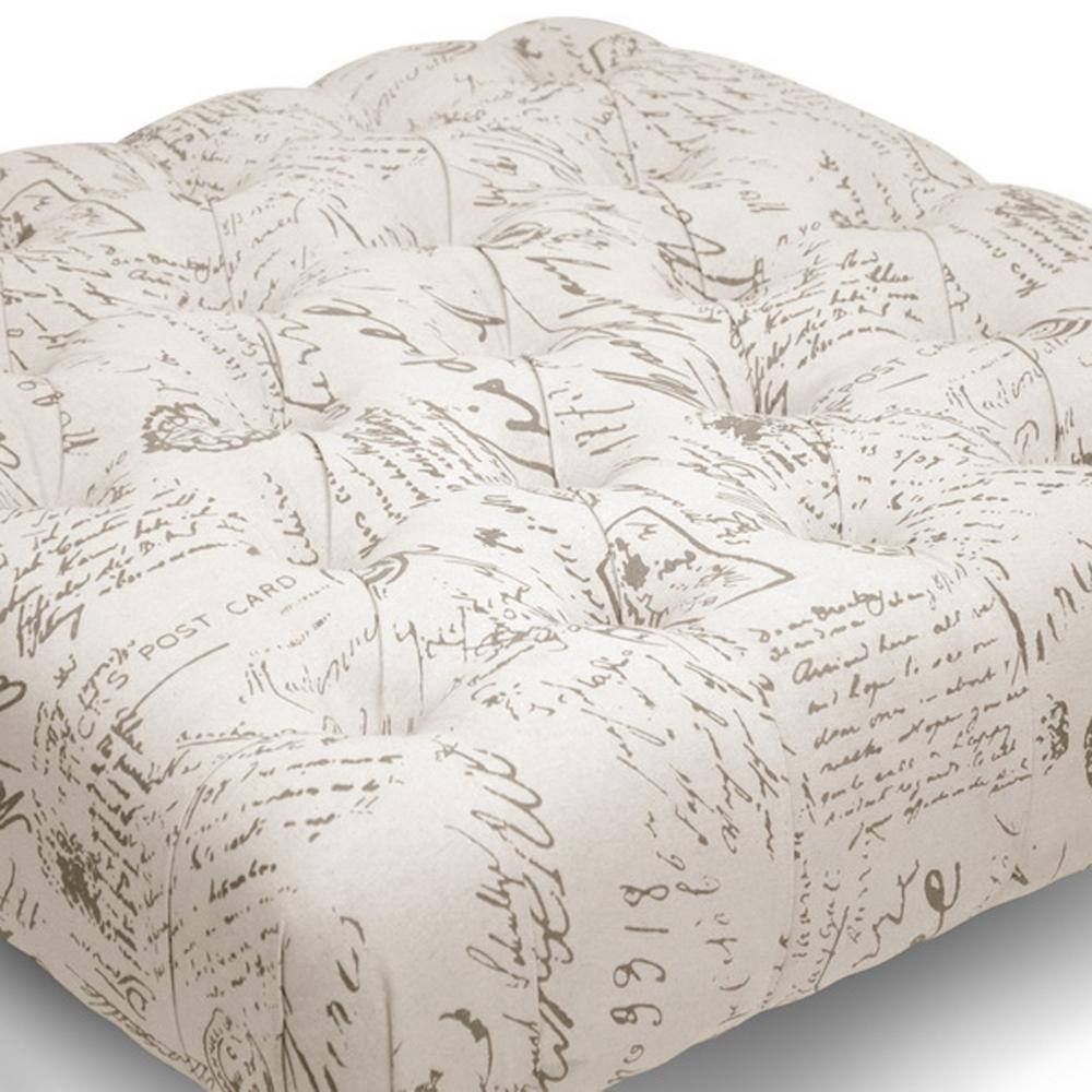 Keswick 35" Tufted Beige Script Print Ottoman with Wood Legs