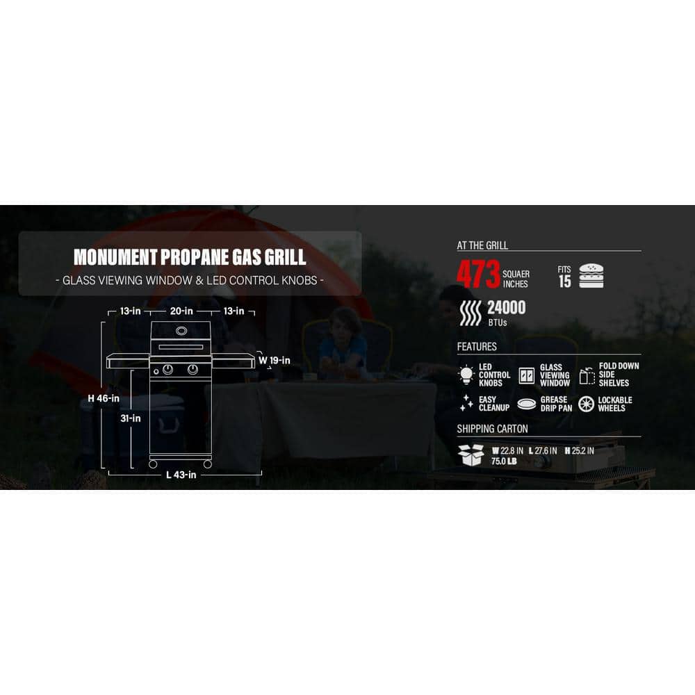 Monument 2-Burner Stainless Steel Propane Gas Grill with Clearview Lid