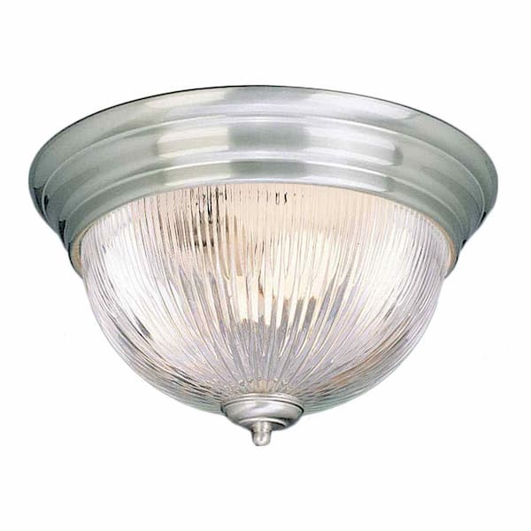 Volume Lighting 11 in. Brushed Nickel Flush Mount with Clear Ribbed Glass Bowl
