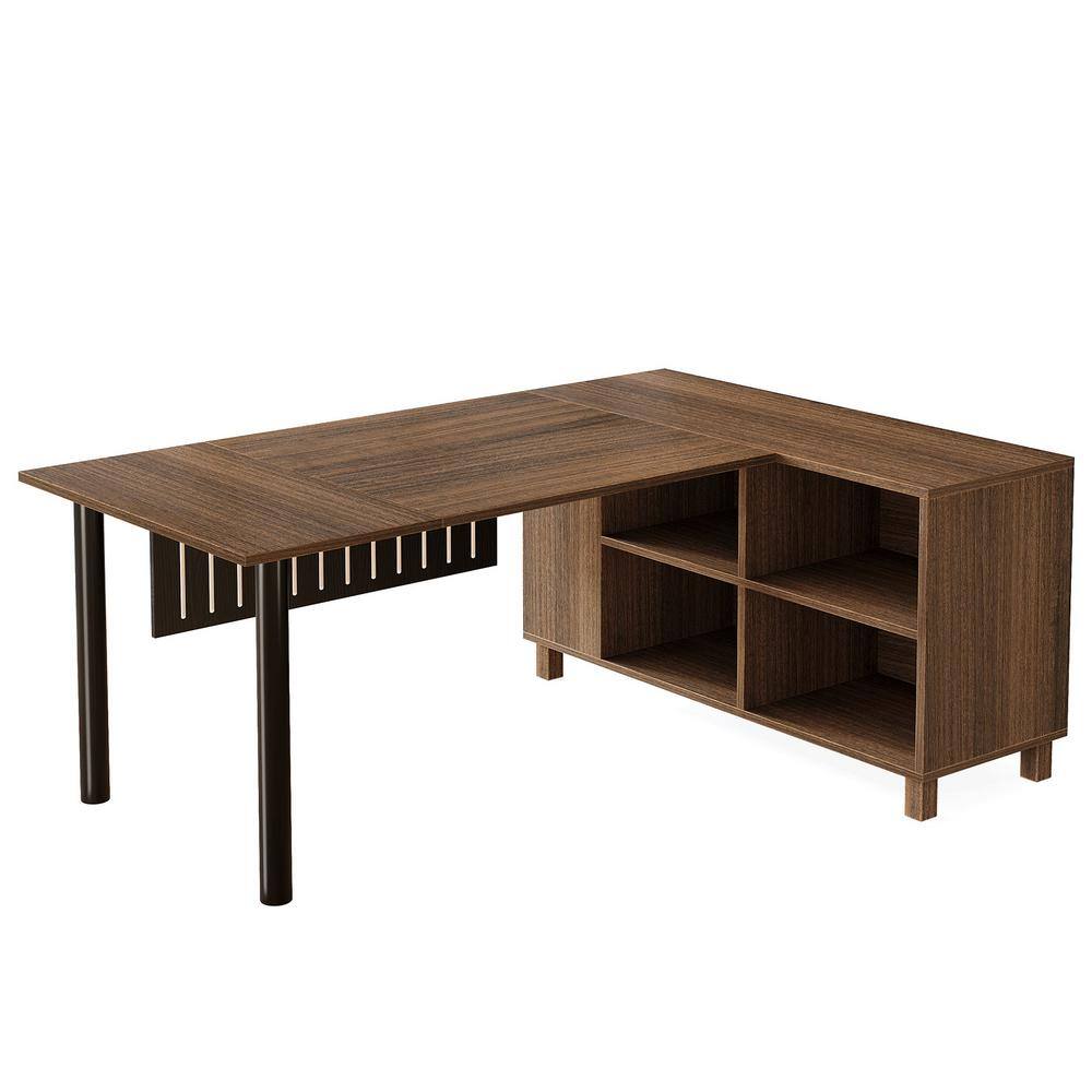 Lanita 63 in. Rectangular Brown Wood Executive Desk with Storage, Large Computer Desk with Open Cubes for Home Office