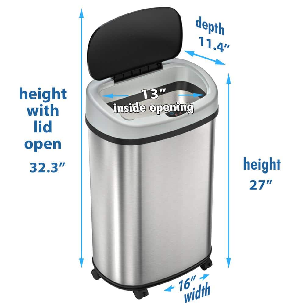 13 Gallon Silver Stainless Steel Touchless Trash Can with Wheels