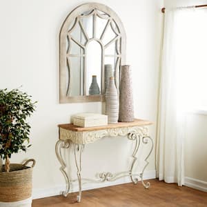 42 in. White Extra Large Rectangle Metal Scroll Console Table with Brown Wood Top