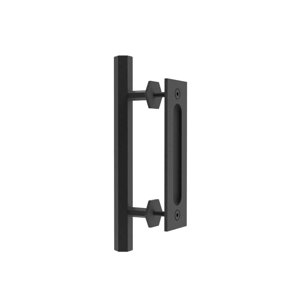 12 in. Black Hexagon Pull and Flush Sliding Barn Door Handle Set