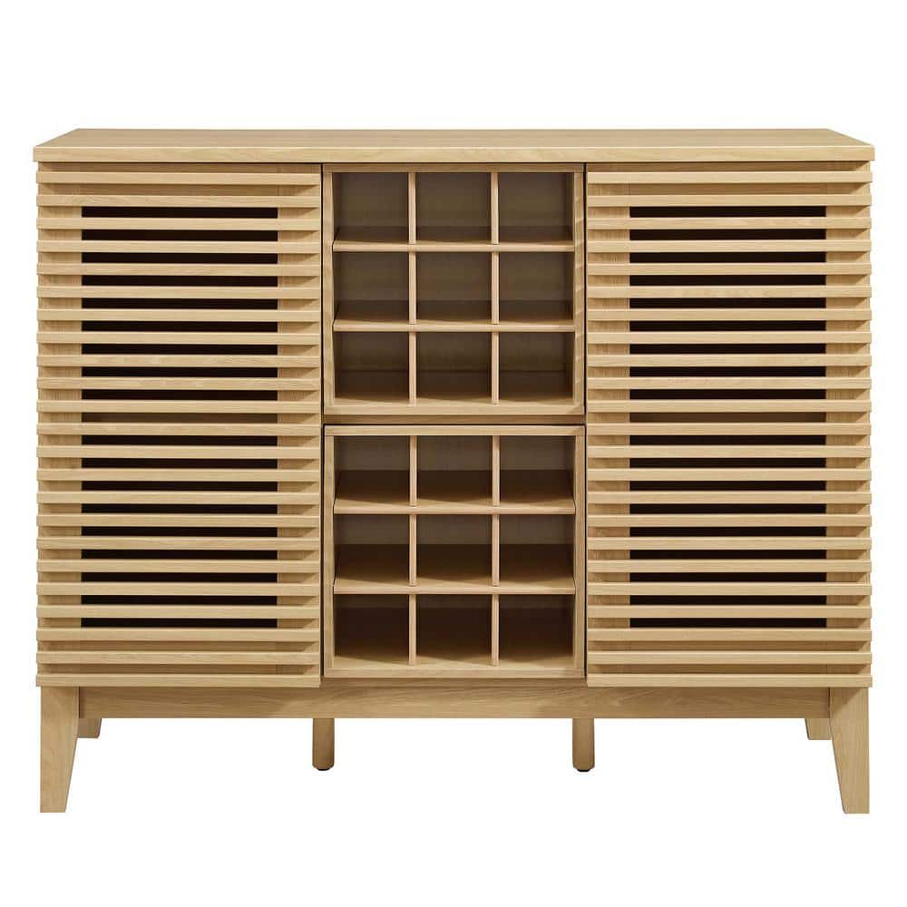 Mid-Century Slatted Oak Bar Cabinet with Integrated Wine Rack