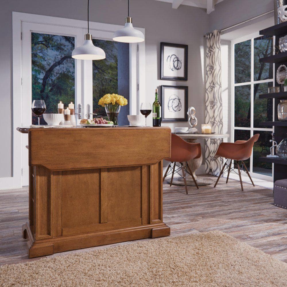 Americana Oak Wood Kitchen Island Set with Stools