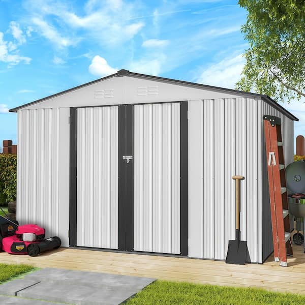 10 ft. W x 8 ft. D Outdoor Metal Storage Shed with Lockable Doors for Garden, Patio, Backyard, Lawn, White (75 sq. ft.)