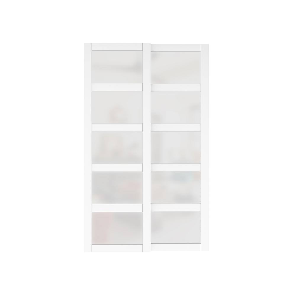 48" x 80" White MDF 5-Panel Frosted Glass Sliding Door