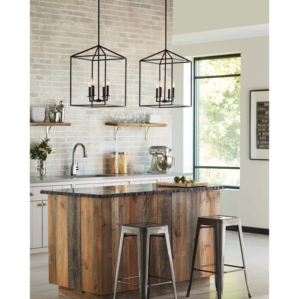 Midnight Black Sleek Square Steel 4-Light LED Island Pendant