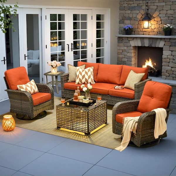 Elvira Gray 5-Piece Wicker Patio Conversation Seating Sofa Set with Orange Red Cushions and Swivel Rocking Chairs