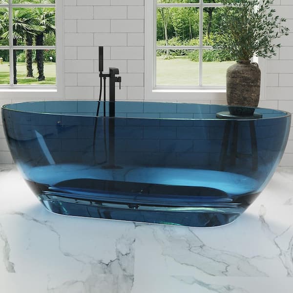 63 in. x 28.22 in. Stone Resin Solid Surface Freestanding Flatbottom Soaking Bathtub in Transparent Blue