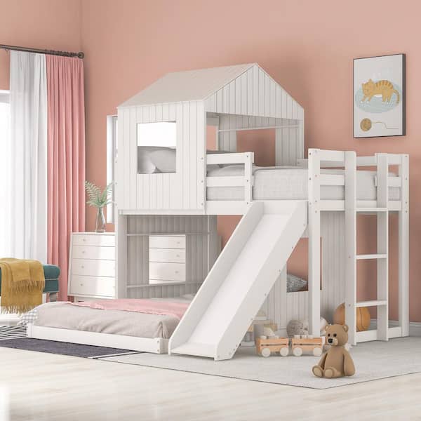 Eer White Wooden Twin Over Full Bunk, Twin Over Full Bunk Bed With Trundle And Slide