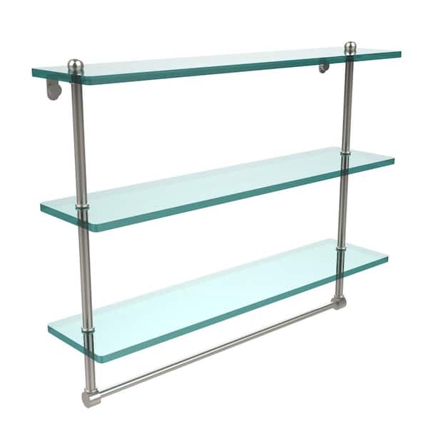 Allied Brass 22 in. L x 18 in. H x 5 in. W 3-Tier Clear Glass Bathroom Shelf with Towel Bar in Polished Nickel