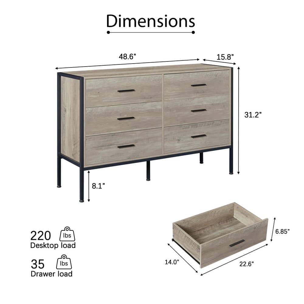 Rustic Gray Wood Dresser with Black Metal Frame, 6 Drawers