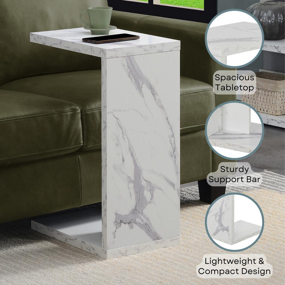 White Faux Marble C-Shaped End Table