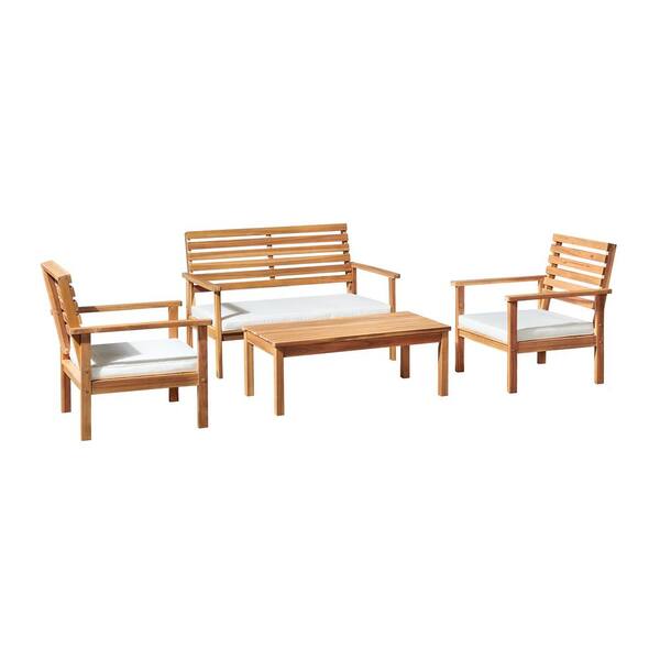 Pure Garden Orwell 4-Piece Outdoor Conversation Set with Bench, Two Chairs with Cushions and Cocktail Table, Acacia Wood