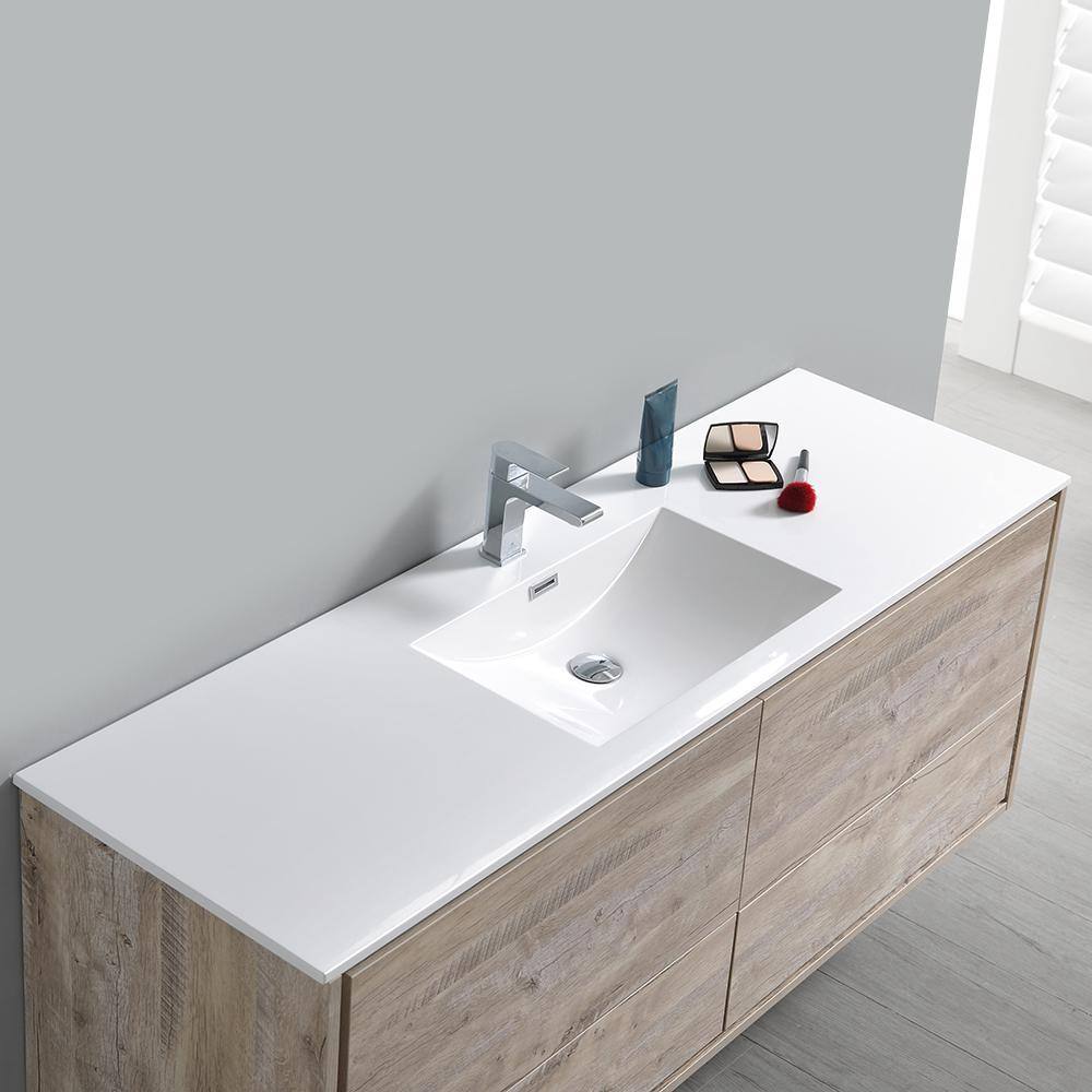Transitional Wall-Mounted 59'' Solid Wood Off-White Vanity with Acrylic Top