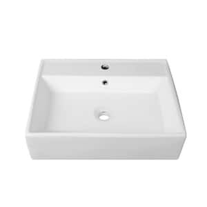 23 in. x 18 in. Rectangular Ceramic Wall Mount Sink Bathroom Vessel Sink in White with Single Faucet Hole and Overflow