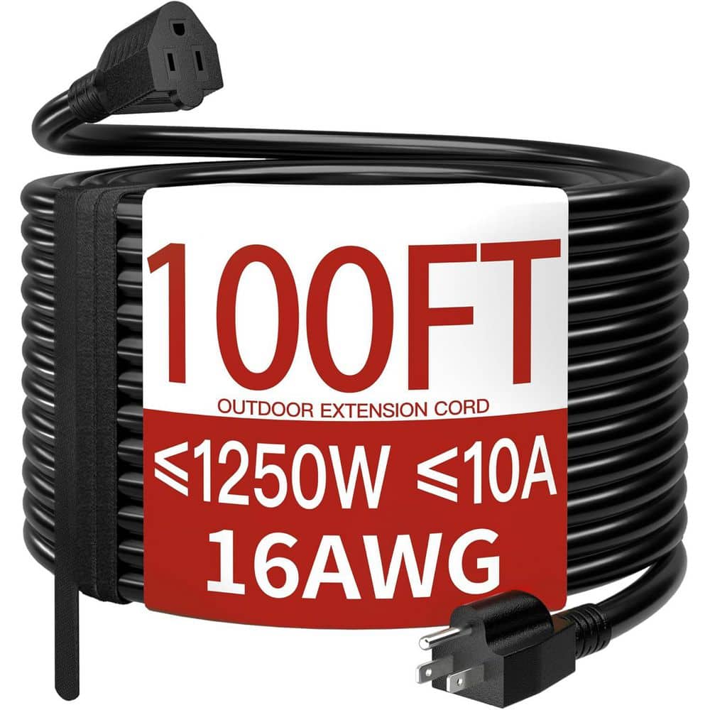 100 ft 16/3 10 Amps 1250 Watts Outdoor Extension Cord Waterproof Weatherproof Flame Retardant Black 3 Prong price history on PriceWatchPro