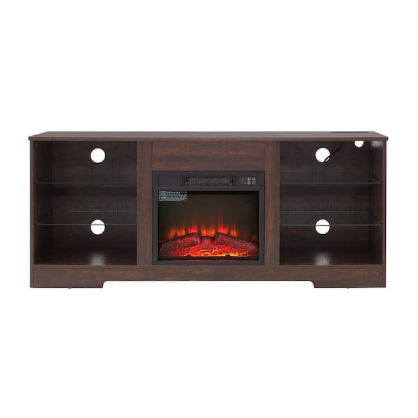 58 in. Freestanding Wood TV Stand Electric Fireplace Glass Shelves with LED Lights and USB Charging Outlet in Brown