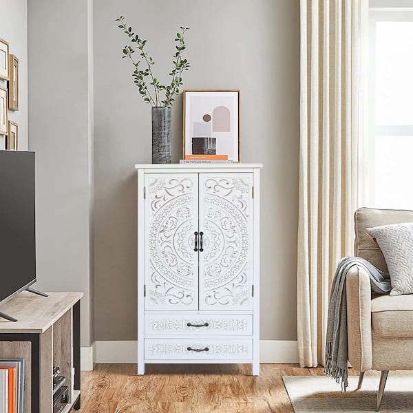 White 27 in. Tall Tower Storage Cabinet-Rustic Wood Pantry Sideboard with 2 Doors & 2 Drawers, Versatile Buffet Cabinet
