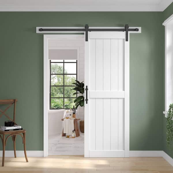 32 in. x 84 in. White Paneled H Shape Solid MDF Sliding Barn Door with Hardware Kit