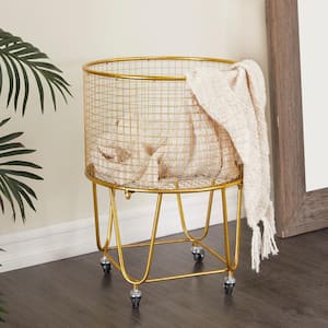 25 in. Gold Deep Set Metal Mesh Laundry Basket Storage Cart with Wheels